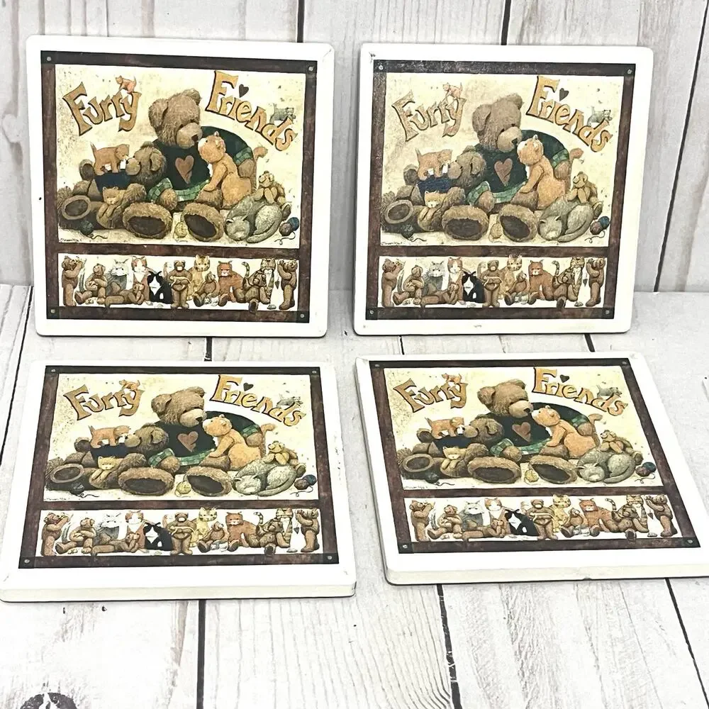 Vintage Anna Krajewski Ceramic Furry Friends Tile Coasters Cats Cottagecore 4
